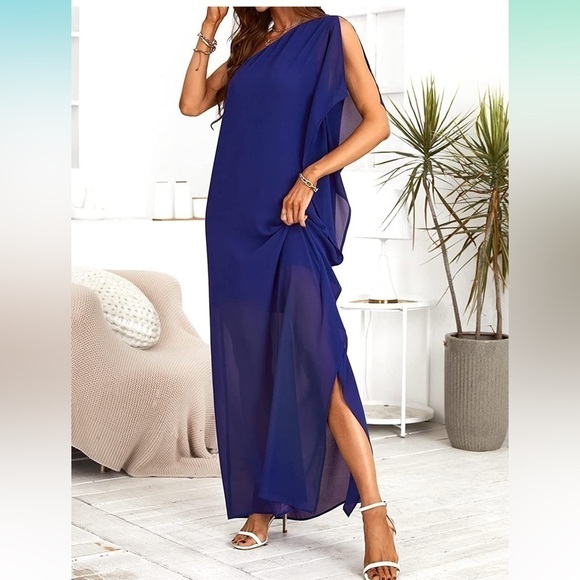 NWT Small  One Shoulder Maxi Dress Loose Waist Short Sleeve Ruffle Vacation - Picture 2 of 4